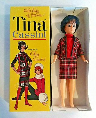 Vintage Tina Cassini Doll 12 " Tall Black Hair Plaid Ensemble Box 1960 