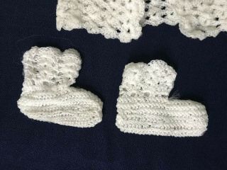VINTAGE DOLL/BABY/NEWBORN WHITE SWEATER SET W/BONNET AND BOOTIES 3