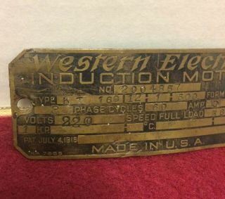 Vintage Antique Western Electric Induction Motor ID Tag Mfg Name Plate 2
