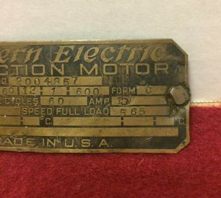 Vintage Antique Western Electric Induction Motor ID Tag Mfg Name Plate 3