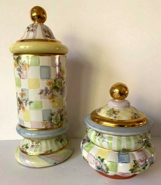2 Rare Mackenzie Childs Multi - Colored Honeymoon Check Flowered Ceramic Canisters