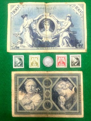 Rare Ww2 German Coin & Stamps World & Rare German Bill 100 Years Old