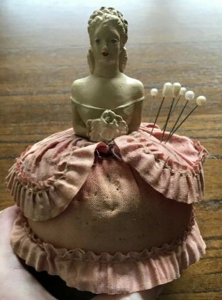 Antique Victorian Half Doll Porcelain Lady Figurine W Pin Cushion Intact /sewing
