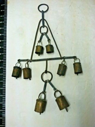 Antique Folk Art Hand Forged Iron & Metal Cow Bells / Wind Chimes - 8 Mini Bells