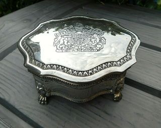 Vintage Silver Plated Royal Coat Of Arms Jewellery Trinket Box Lion Paw Feet