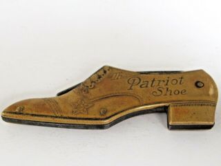 Antique Brass Figural Shoe Pocket Knife " Patriot Star Brand Shoes "