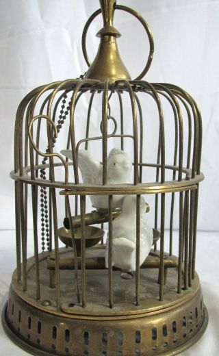 Vintage / Antique Brass Bird Cage With Porcelain Birds Brass Dishes & Swing