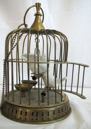 Vintage / Antique Brass Bird Cage with Porcelain Birds Brass Dishes & Swing 2