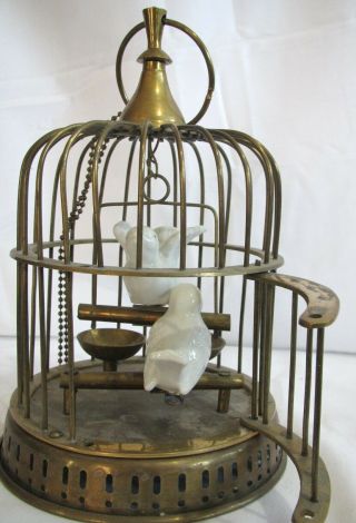 Vintage / Antique Brass Bird Cage with Porcelain Birds Brass Dishes & Swing 3