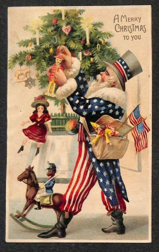 Rare Christmas Uncle Sam Santa Claus Trimming The Tree Toys Postcard