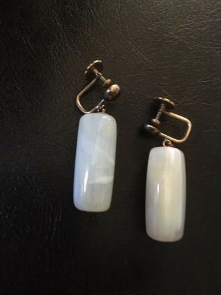 Rare Vintage White Jade 14k Gold Screw Back Cylinder Earrings