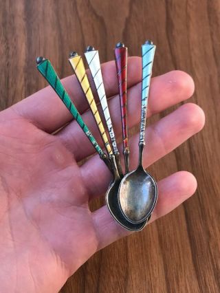 Vintage Ela Denmark Sterling Silver & Enamel Demitasse Spoons Set Of 5 (repair)
