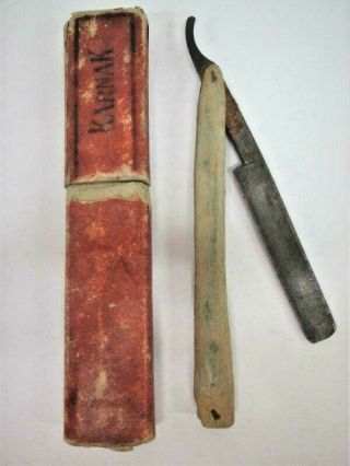 Antique Karnak Straight Razor Wood Handle W/ Case Barber Tool,  More Co.  St Louis