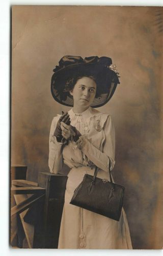 Young Woman In Hat Rppc Real Photo Postcard Antique Fashion Clothing