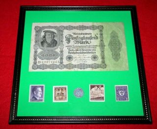 Ww2 German Rare 5 Rp Coin & Stamps 50,  000 Banknote In Frame