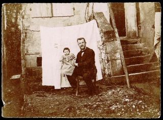 Antique Sepia 1900 Outdoor Photo Man With Boy Linen Sheet Backdrop Old Portrait