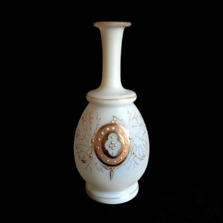 19c Small French White Opaline Glass 5 3/4” Vase W Hand Painted Gold