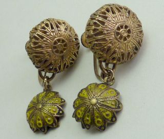 Antique Brass Filigree Button W/ Enamel Dangle Screw - Back Earrings - Repurposed
