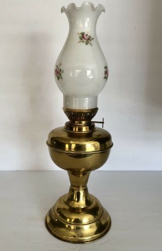 Antique Hand Painted Milk Glass Oil Lamp With Brass Copper Base Vintage