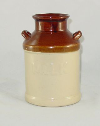 Vintage " Milk " Jug Crock With Handles - Brown And Tan Stoneware