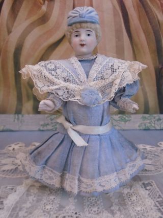 Antique C1900’s German All Bisque Mignonette Doll With Rare Blue Boots