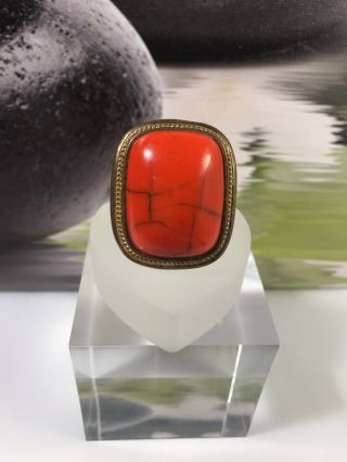 Vintage Coral Lucite Plastic Statement Ring Size 8.  5 Antiqued Brass Setting