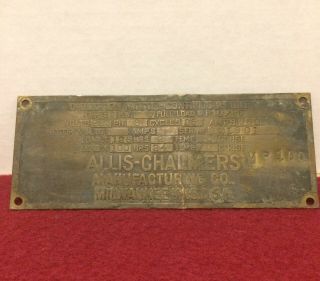 Antique Allis Chalmers Electric Motor Manufacturers Name Plate Tag Id