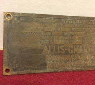 ANTIQUE ALLIS CHALMERS ELECTRIC MOTOR MANUFACTURERS NAME PLATE TAG ID 2