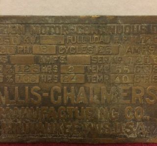 ANTIQUE ALLIS CHALMERS ELECTRIC MOTOR MANUFACTURERS NAME PLATE TAG ID 3