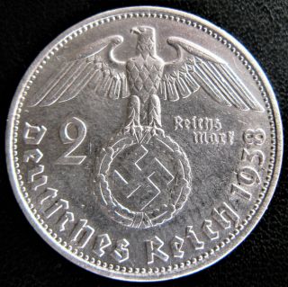 Rare 1938b 2 Mark Silver Bullion German Swastika Nazi Germany 3rd Reich Ww2 Coin