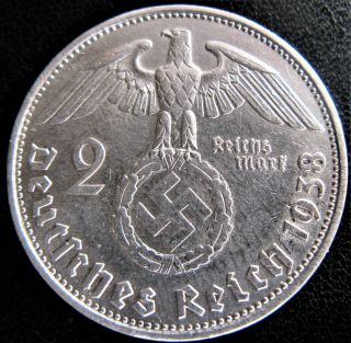 RARE 1938B 2 MARK SILVER BULLION GERMAN SWASTIKA NAZI GERMANY 3rd REICH WW2 COIN 2