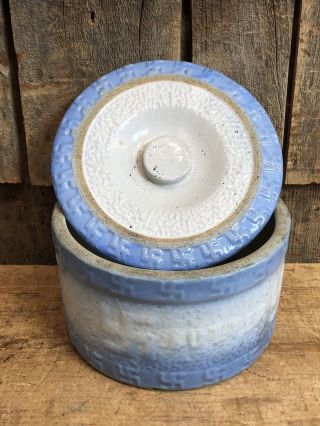 Rare Antique Blue White Stoneware Lucky Swastika Butter Dish With Lid