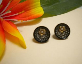 Antique Victorian Black Glass Flower Picture Buttons With Seed Pearl Like Center