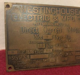 ANTIQUE WESTINGHOUSE ELECTRIC MOTOR MANUFACTURERS NAME PLATE TAG ID 2