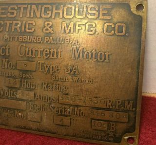 ANTIQUE WESTINGHOUSE ELECTRIC MOTOR MANUFACTURERS NAME PLATE TAG ID 3