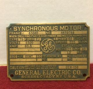 Antique General Electric Synchronous Motor Manufacturers Name Plate Tag Id