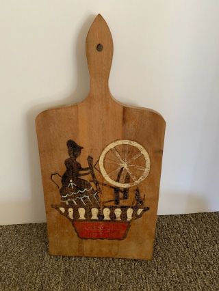 Antique Bread Cutting Wood Board Hand Painted Woman & Spinning Wheel