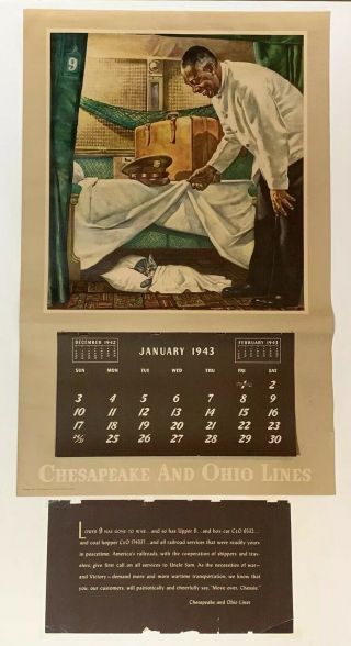 Rare Vtg 1943 Chesapeake & Ohio Railroad Lines Railway 40s Wwii Calendar Sign