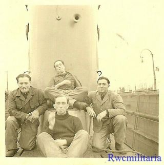 Rare Kriegsmarine Submariners Rest By Conning Tower On U - Boat In Port