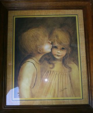 Vintage Margaret Kane Keane Framed Print Big Eye First Kiss 17 X 20 " Wood Framed