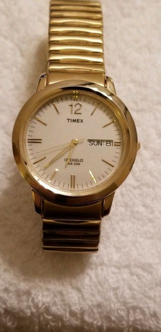 Mens/woman Gold Tone Timex Indiglo With Date,  Wr To 30m,  Stainless Steel Band Kk