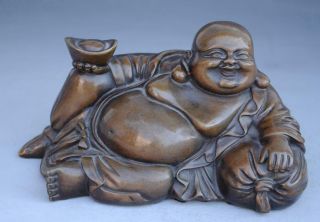 Chinese Old Copper Hand - Carved Happy Laugh Maitreya Buddha Yuanbao Statue E01