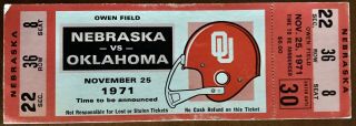 Ticket From Nov.  25,  1971 Game Of The Century Oklahoma Vs Nebraska Rare