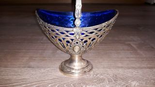 Antique Victorian German.  800 Solid Silver Basket Cobalt Blue Glass Liner