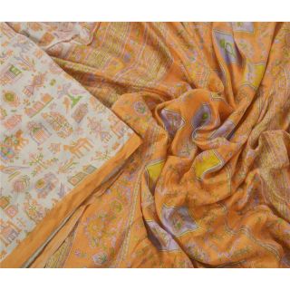 Sanskriti Cream Saree 100 Pure Silk Printed Sari Craft 5 Yard Fabric