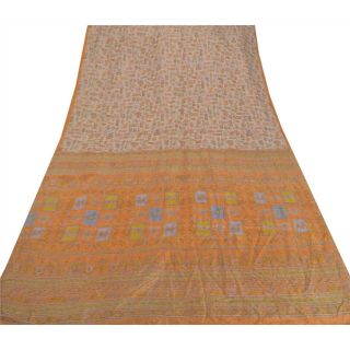 Sanskriti Cream Saree 100 Pure Silk Printed Sari Craft 5 Yard Fabric 3