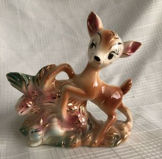 Rare 1940s Leaping Bambi W Thumper Disney Gold Trim Ceramic Figurine Planter