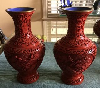 2 Vintage Chinese Hand Carved Cinnabar Red Lacquer Brass Trim Vases Peonies Rare