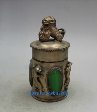 Chinese Tibetan Silver Handwork Inlay Zircon Tibetan Silver Carved Lion Box