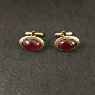 1970s Blood Red Stone Gold Mens Oval Cufflinks Vtg Retro Unique Unmarked Rare
